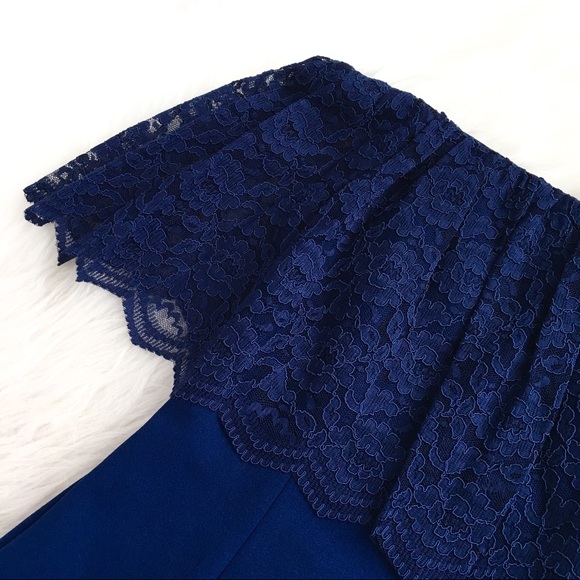 Aidan Mattox | navy off shoulder lace crepe dress - Picture 2 of 8